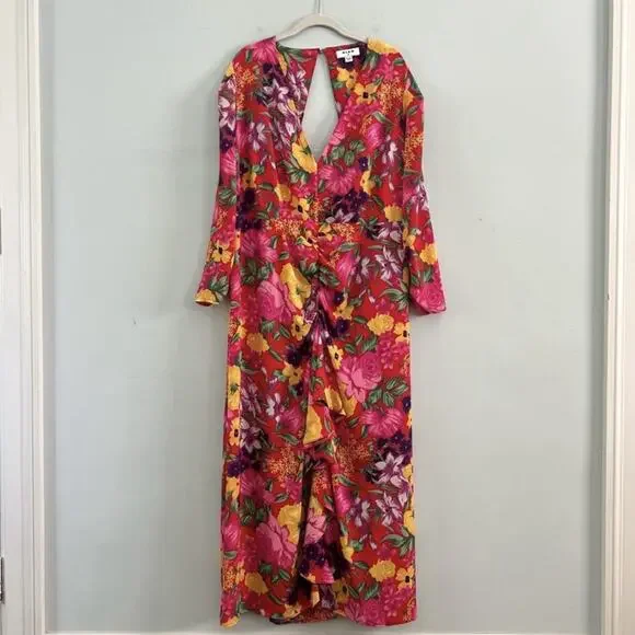 RIXO x Target Red Floral Open Back Cascade Ruffle Long Sleeve Midi Dress - Picture 4 of 7